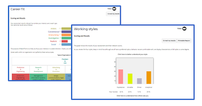 career transition software screenshots of self driven assessment results